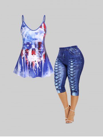 Skull American Flag Patriotic Tank Top and Leggings Plus Size Summer Outfit - BLUE