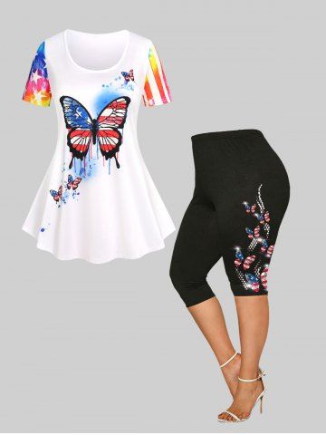 Patriotic American Flag Butterfly Print Tee and Cropped Leggings Plus Size Summer Outfit - BLACK