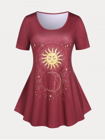 Plus Size & Curve Sun Moon Print Graphic Tee - DEEP RED - M | US 10
