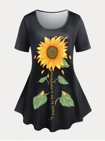 Plus Size and Curve Sunflower Letter Print Graphic Tee - BLACK - 5X | US 30-32