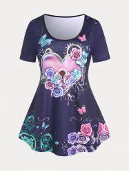 Plus Size & Curve Heart Rose Butterfly Print T Shirt -  