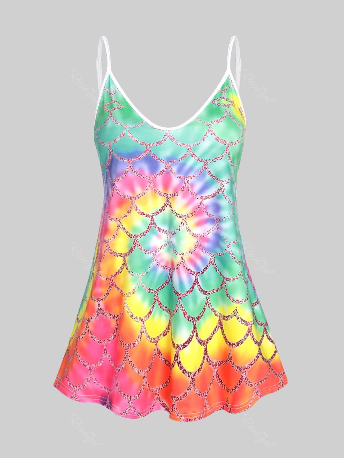 Hot Plus Size & Curve Rainbow Mermaid Print Tie Dye Flowy Tank Top  