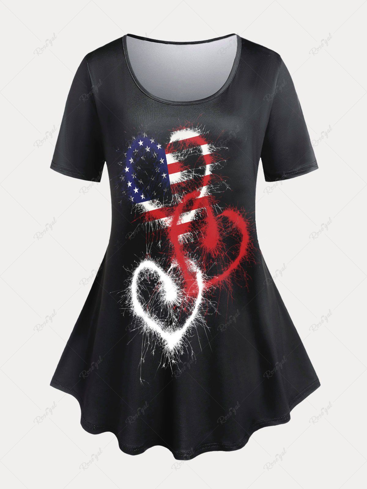 T-shirt à Imprimé Drapeau Américain et Cœur en Courbe Noir 2X | US 18-20