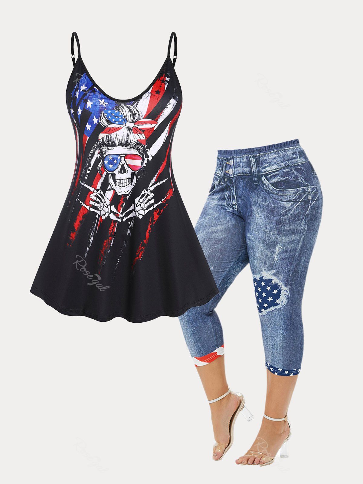 Trendy Patriotic American Flag Skull Top and Skinny Capri Jeggings Plus Size Summer Outfit  