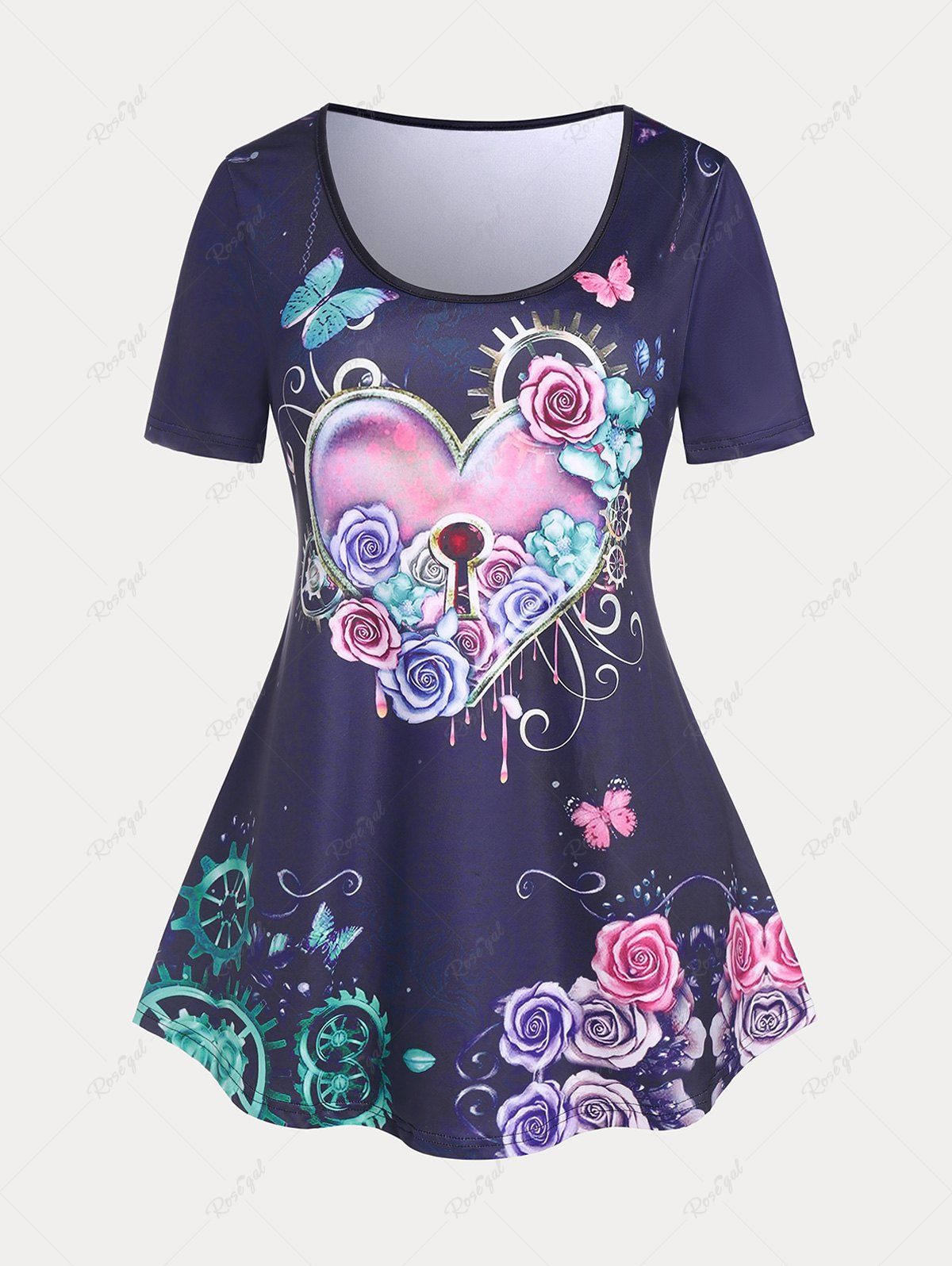 Trendy Plus Size & Curve Heart Rose Butterfly Print T Shirt  