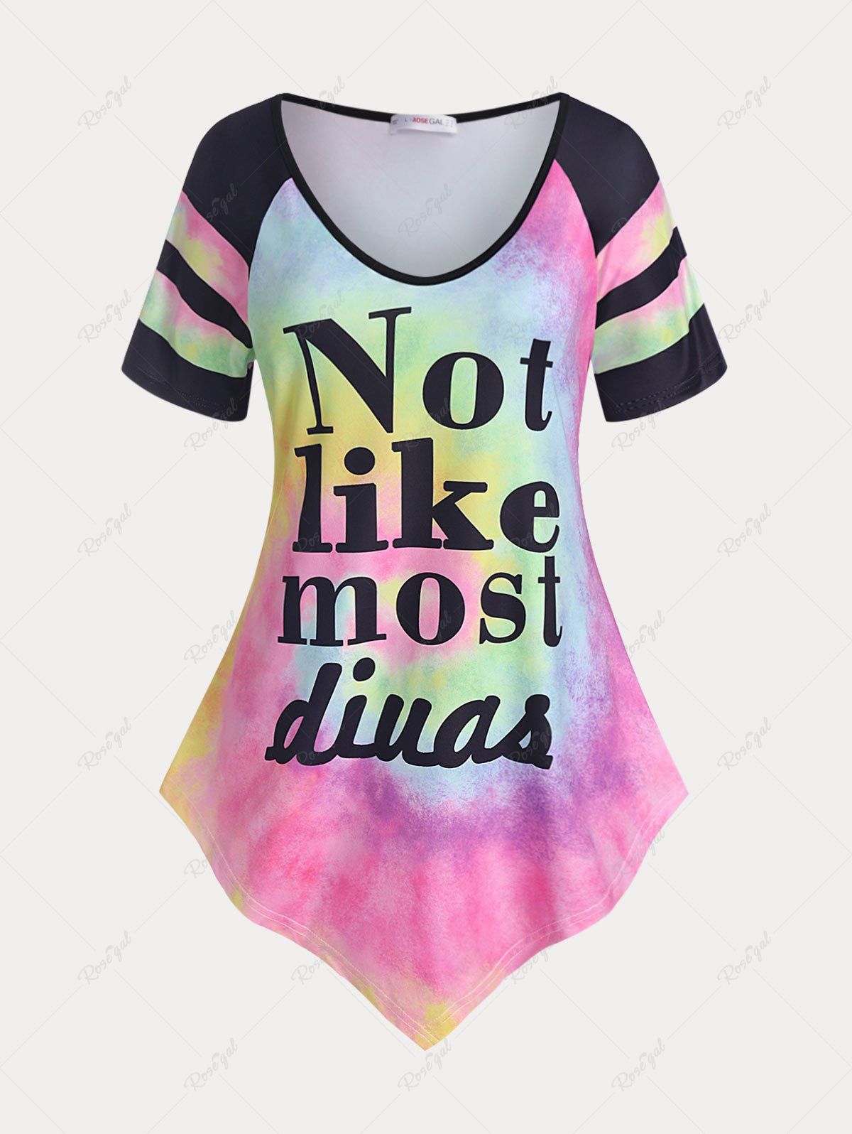 Store Plus Size & Curve Letter Print Rainbow Tie Dye Asymmetric Graphic Tee  