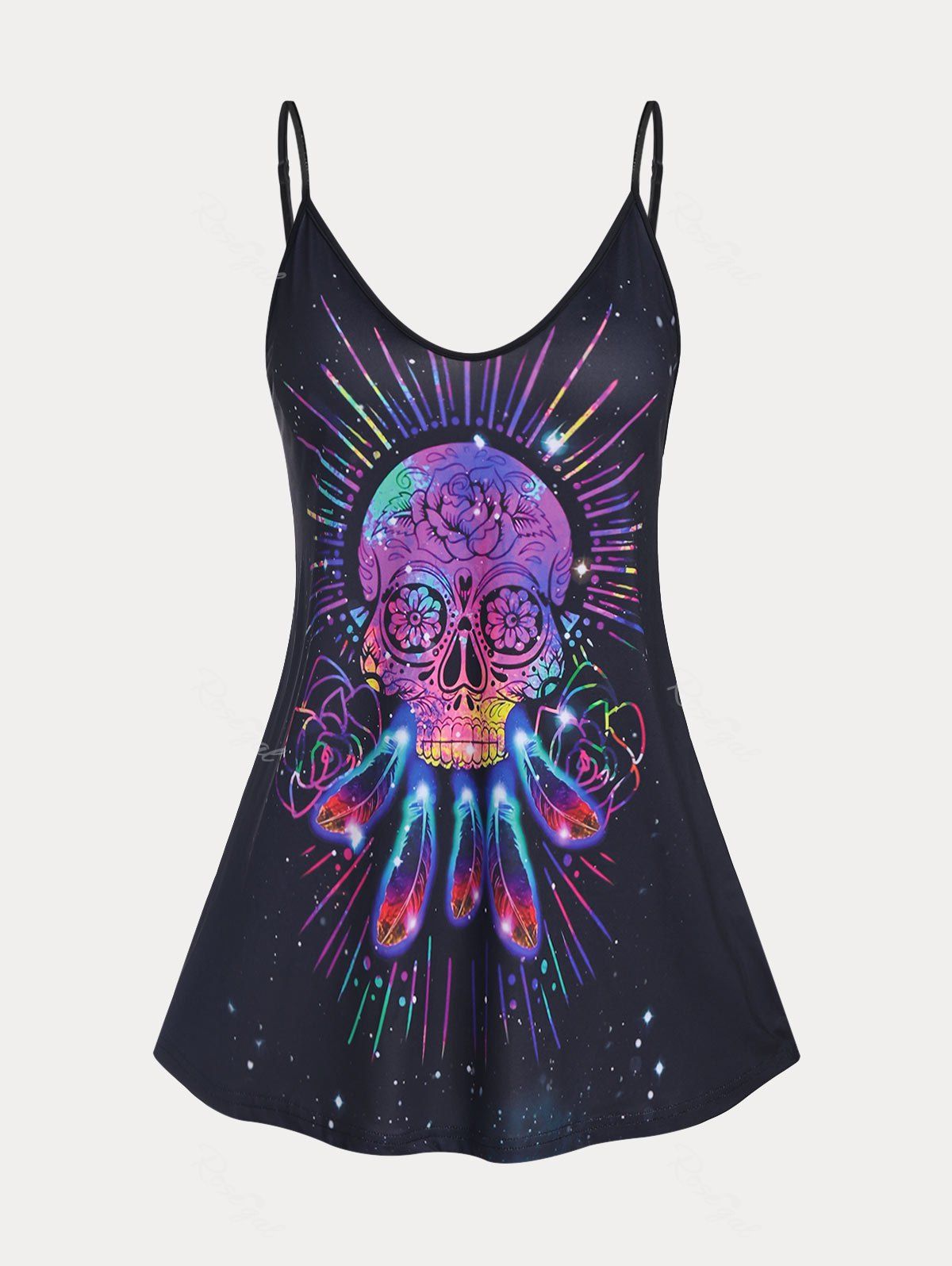 Outfits Plus Size & Curve Rainbow Skull Print Gothic Tank Top (Adjustable Straps)  