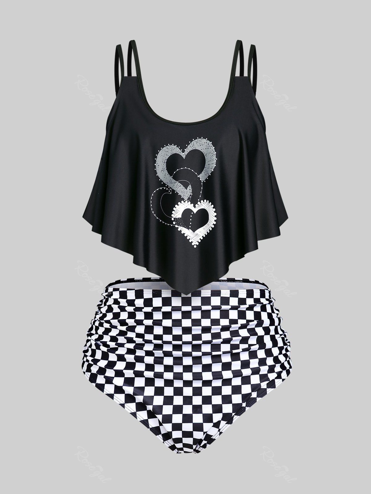 Hot Plus Size & Curve  Ruched Heart Checkerboard Overlay Tankini Swimsuit  