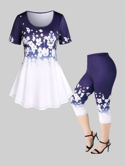 Floral Ombre Tee and Leggings Plus Size Summer Outfit - BLUE