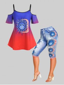 Patriotic American Flag Ombre Tee and Leggings Plus Size Summer Outfit - BLUE