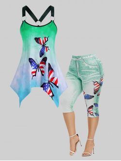 Patriotic American Flag Butterfly Print Handkerchief Plus Size Summer Outfit - GREEN