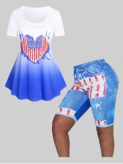 Patriotic American Flag Ombre Tee and Bike Shorts Plus Size Summer Outfit - BLUE