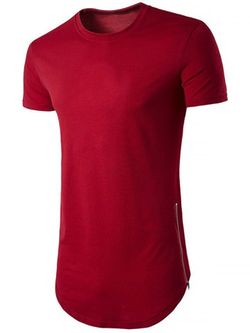 Slit Zipper Curved Hem T Shirt - RED - M