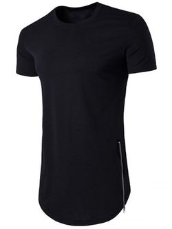 Slit Zipper Curved Hem T Shirt - BLACK - XL
