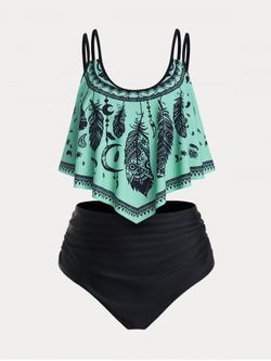 Plus Size & Curve Ruffled Dreamcatcher Print Tankini Swimsuit - LIGHT GREEN - 2X