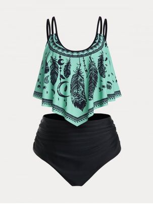 Plus Size & Curve Ruffled Dreamcatcher Print Tankini Swimsuit