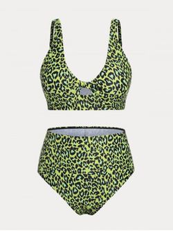 Plus Size & Curve Plunge Tie Knot Animal Print High Waist Bikini Swimsuit - LIGHT GREEN - 2X