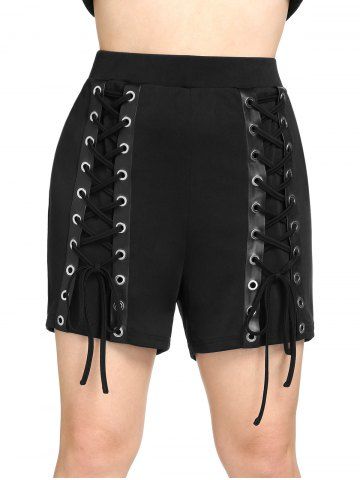 Plus Size Grommet Lace Up PU Leather Panel Shorts - BLACK - L