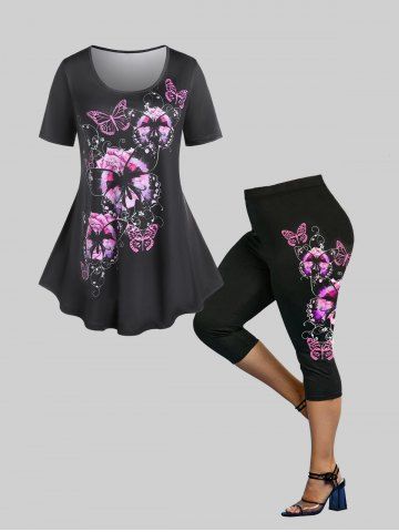 Floral Butterfly Tee and Capri Leggings Plus Size Summer Outfit - BLACK