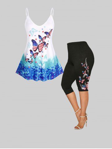 Patriotic American Flag Butterfly Tank Top and Leggings Plus Size Summer Outfit - WHITE
