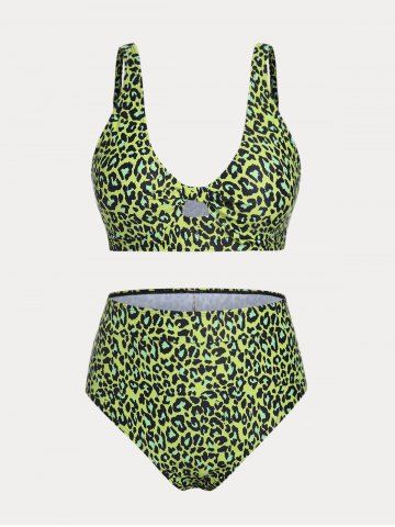 Plus Size & Curve Plunge Tie Knot Animal Print High Waist Bikini Swimsuit - LIGHT GREEN - L