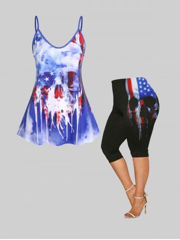 Patriotic American Flag Skulls Tank Top and Leggings Plus Size Summer Outfit - BLUE