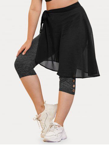 Plus Size Space Dye Capri Leggings and Chiffon Wrap Skirt Twinset - BLACK - 2X