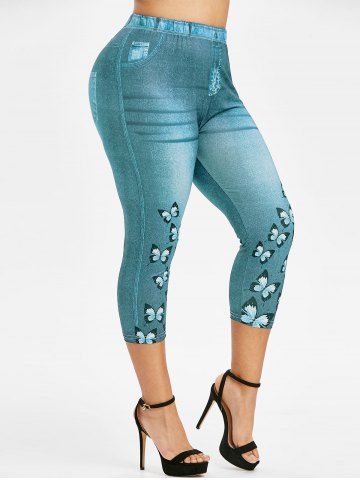 Plus Size 3D Print Butterfly Capri Jeggings - MULTI - L