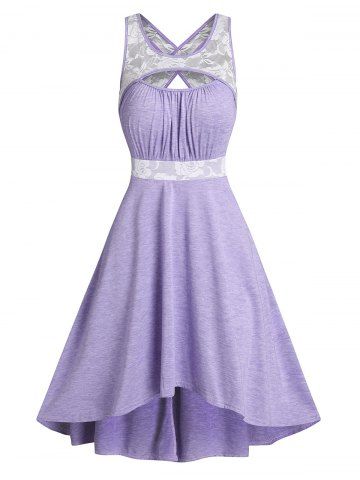 Flower Lace Cut Out Crossover Dress - LIGHT PURPLE - XXXL