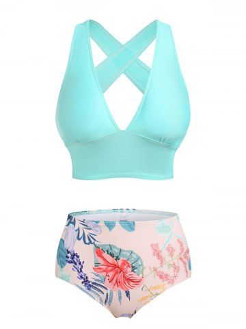 Cross Back Flower Print Tankini Swimwear - LIGHT BLUE - M