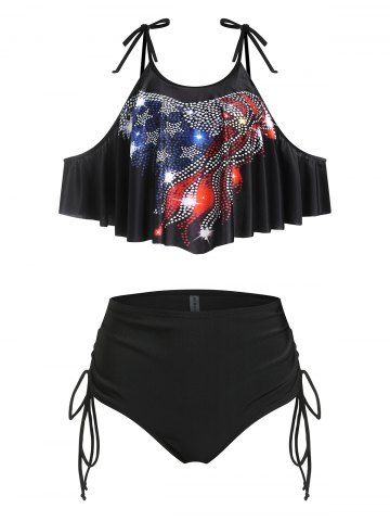 Rhinestone Flag Print Cinched Tankini Swimsuit - BLACK - L