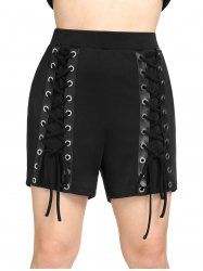 Plus Size Grommet Lace Up PU Leather Panel Shorts -  