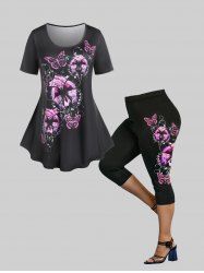 Floral Butterfly Tee and Capri Leggings Plus Size Summer Outfit -  