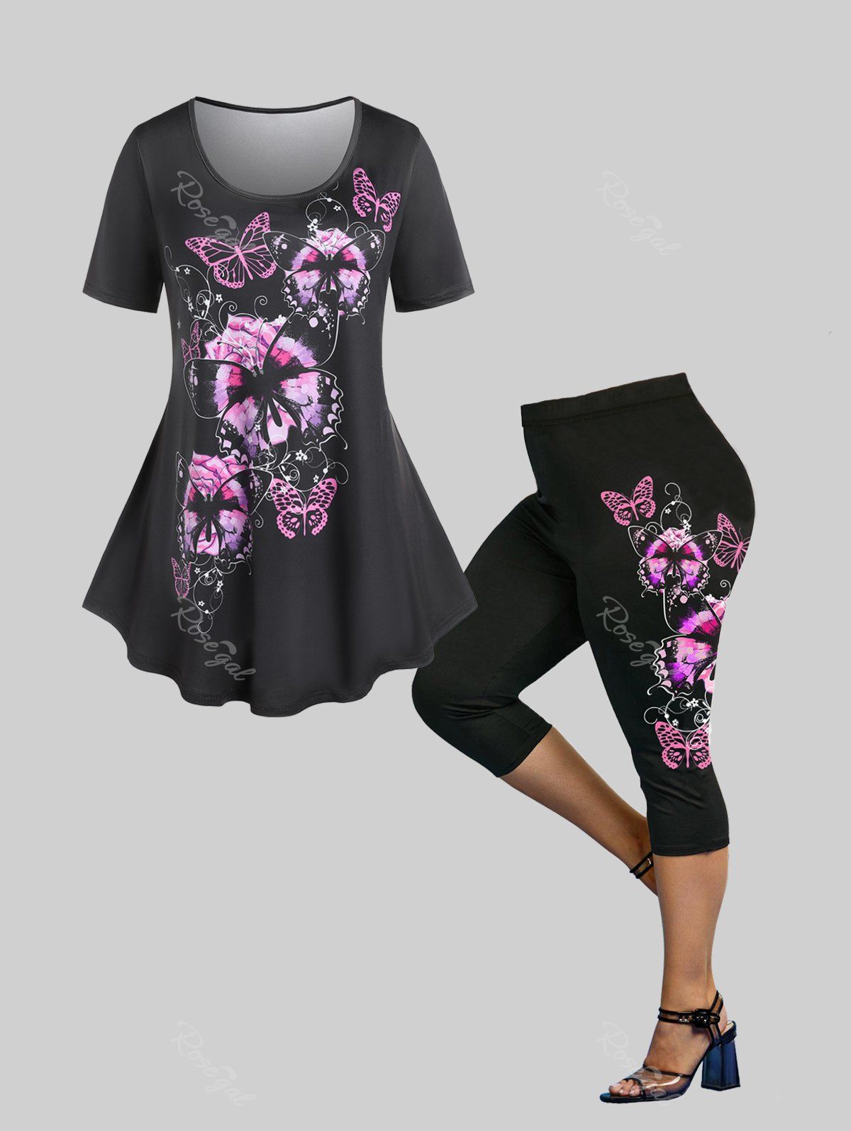 Cheap Floral Butterfly Tee and Capri Leggings Plus Size Summer Outfit  
