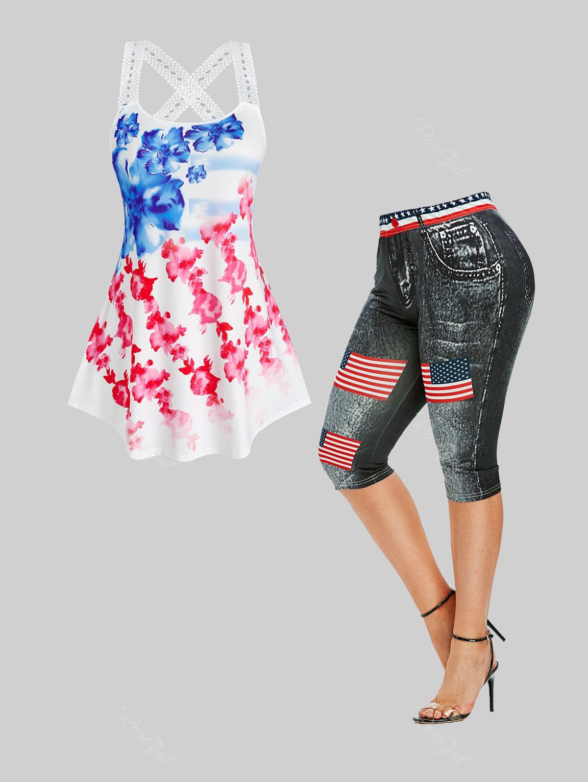 Shop American Flag Patriotic Tank Top and Capri Leggings Plus Size Summer Outfit  