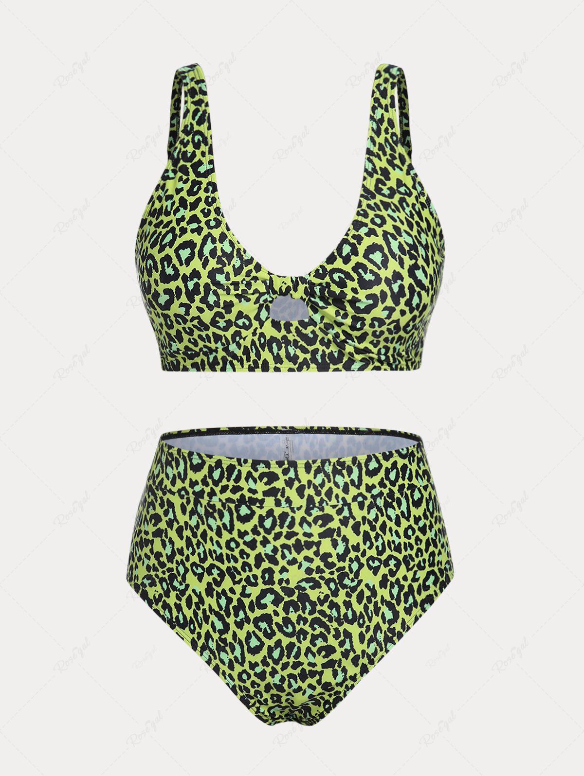 Maillot de Bain Bikini Plongeant à Imprimé Animal Noué à Taille Haute de Grande Taille Vert clair 4X