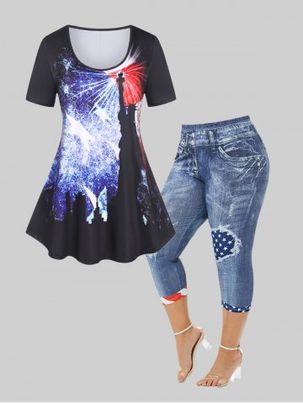 Lady Liberty American Flag Print Tee and Capri Skinny Jeggings Plus Size Summer Outfit