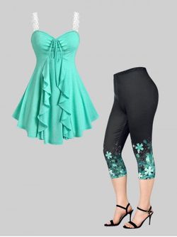 Lace Straps Cinched Ruffle Tank Top and Floral Print Capri Leggings Plus Size Summer Outfit - GREEN