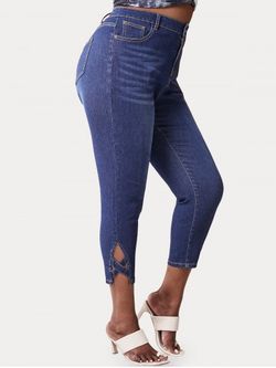 Plus Size Crisscross Faded Ninth Jeans - DEEP BLUE - L