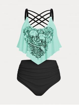 Plus Size & Curve Skeleton Print Crisscross Ruffled Gothic Tankini Swimsuit