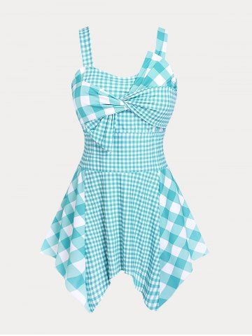 Plus Size & Curve Plaid Bowknot Handkerchief Swim Dress Swimsuit - LIGHT BLUE - 2X