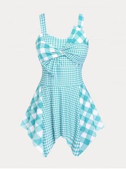 Plus Size & Curve Plaid Bowknot Handkerchief Swim Dress Swimsuit - LIGHT BLUE - 3X