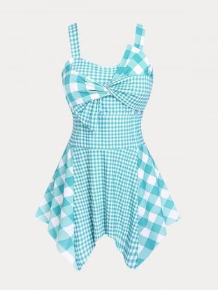 Plus Size & Curve Plaid Bowknot Handkerchief Swim Dress Swimsuit