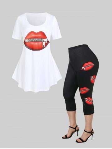 Ensemble d'Eté et Fête avec Legging de Corsaire et Haut à Imprimé Lèvres 3D Zippé - BLACK
