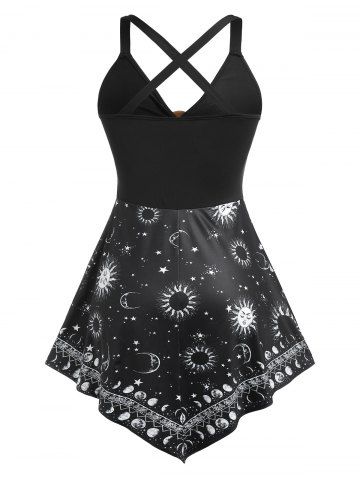 O Ring Sun and Moon Print Irregular Tank Top and Cropped Leggings Plus Size Summer Outfit