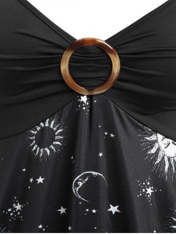 O Ring Sun and Moon Print Irregular Tank Top and Cropped Leggings Plus Size Summer Outfit