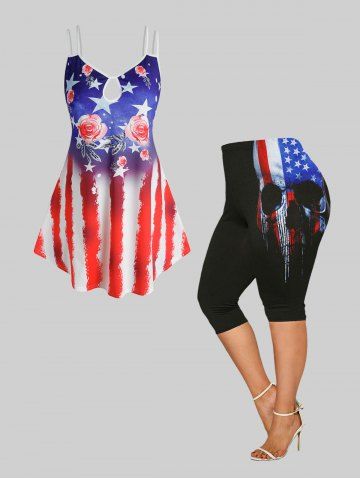 Patriotic American Flag Print Keyhole Top and Capri Leggings Plus Size Outfit - BLUE