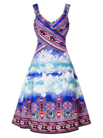 Bohemian Floral Print Crisscross Dress - WHITE - S