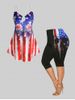 Patriotic American Flag Print Keyhole Top and Capri Leggings Plus Size Outfit -  