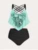 Plus Size & Curve Skeleton Print Crisscross Ruffled Gothic Tankini Swimsuit -  